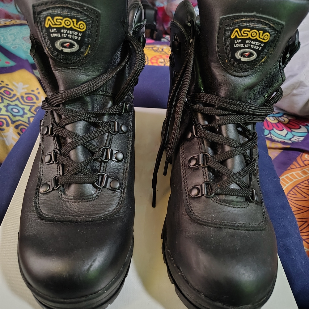 🟡🔥ASOLO -Black Leather Hiking Boots with Yellow Logo Mens 9.5, Womens 11